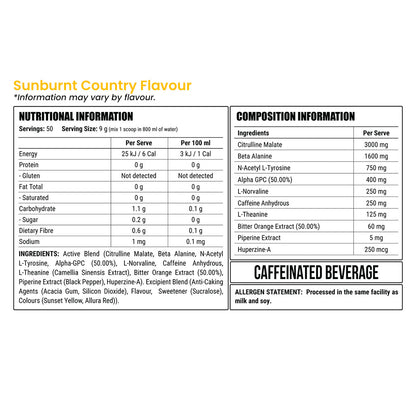 Faction Labs Disorder Preworkout Sunburnt Country Nutrition Information and Ingredients
