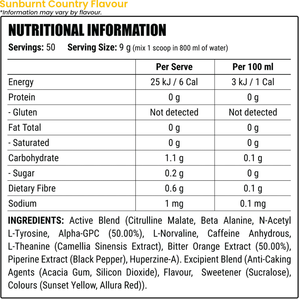 Faction Labs Disorder Preworkout Sunburnt Country Nutrition Information and Ingredients