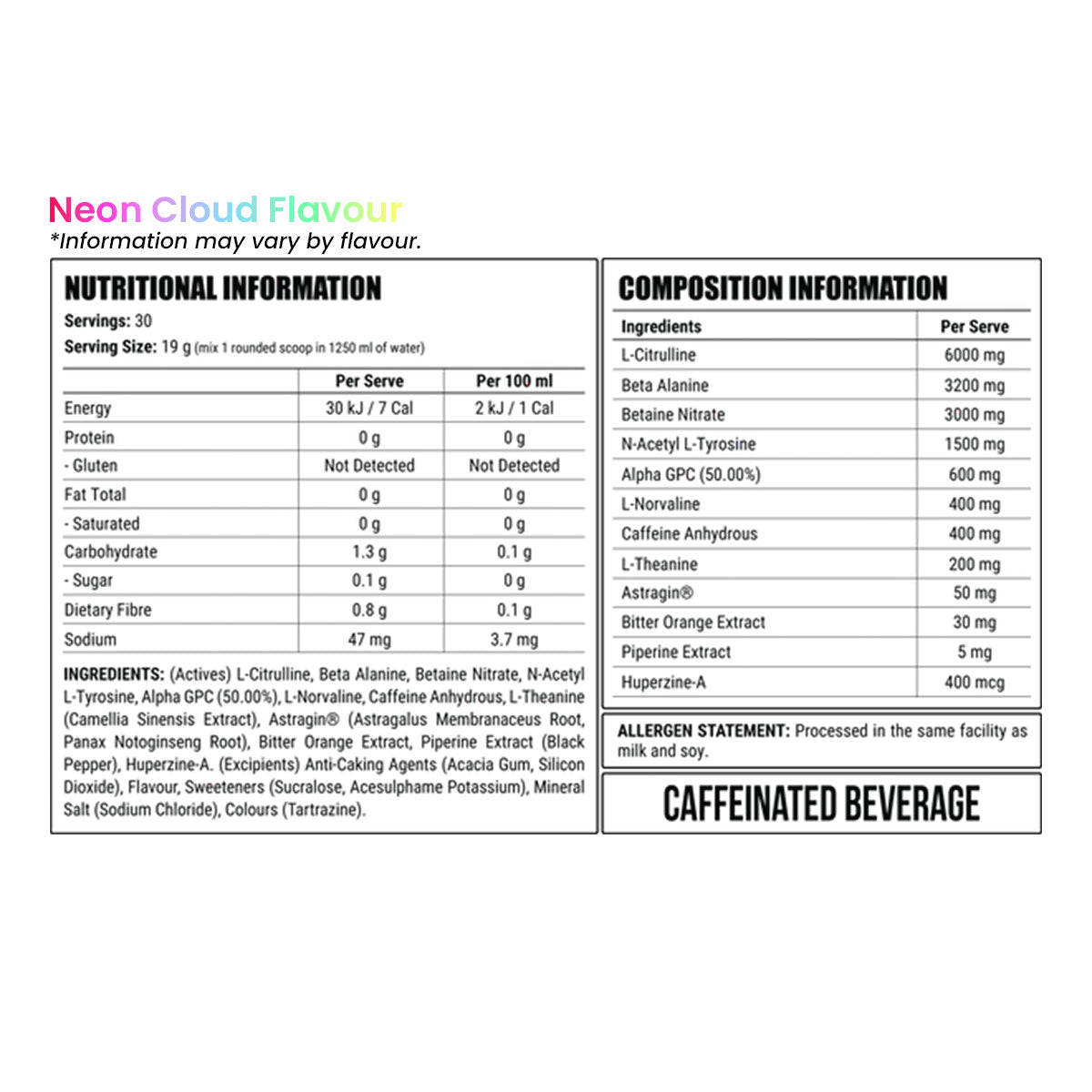 Faction Labs Disorder Ultimate 30 serves 570g Neon Cloud Pineapple Passionfruit Flavour Nutrition Information and Ingredients