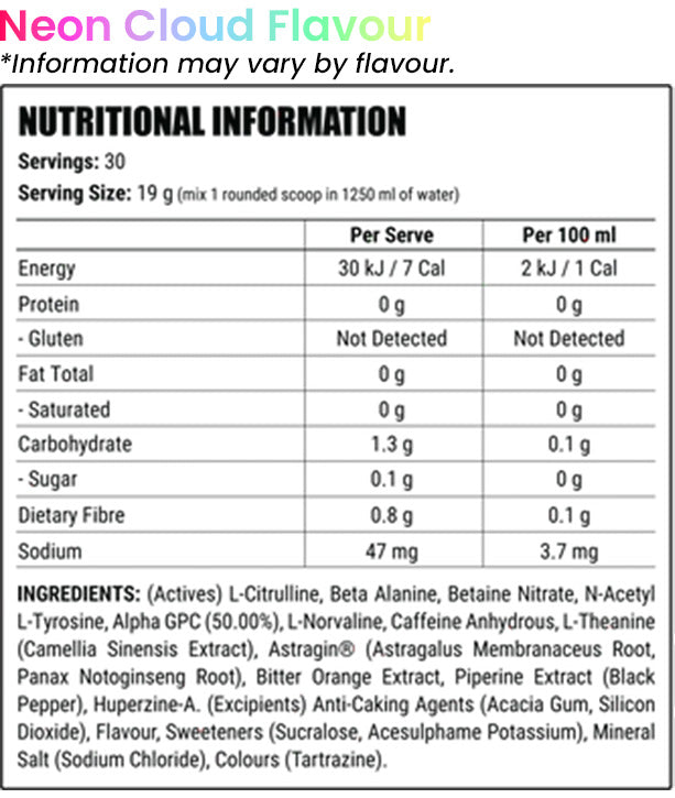 Faction Labs Disorder Ultimate 30 serves 570g Neon Cloud Pineapple Passionfruit Flavour Nutrition Information and Ingredients