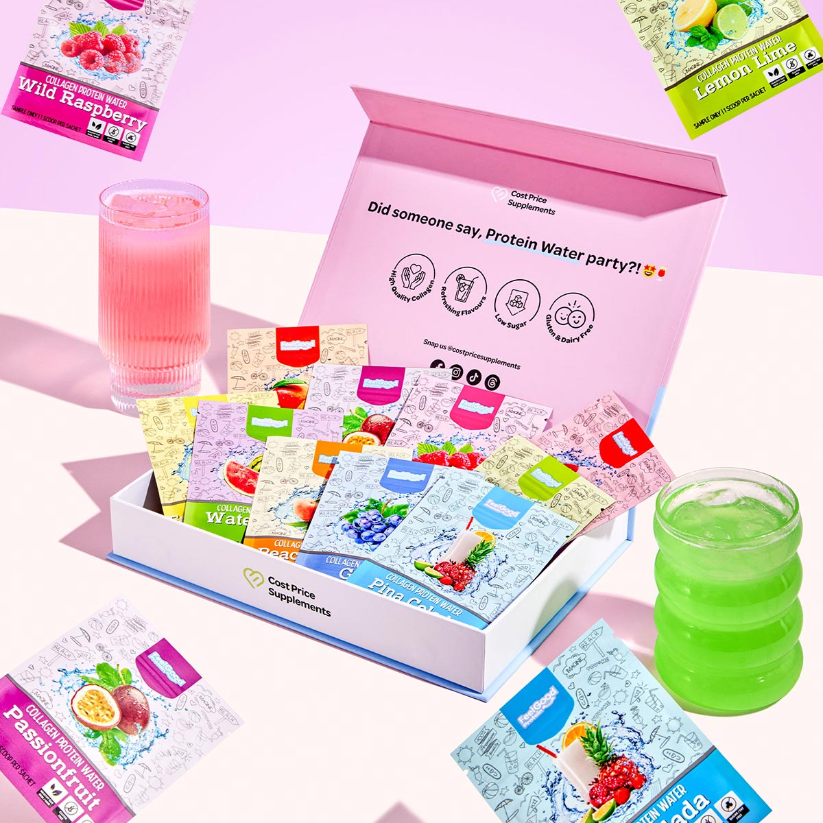 Feel Good Protein Water sample pack with 13 flavours