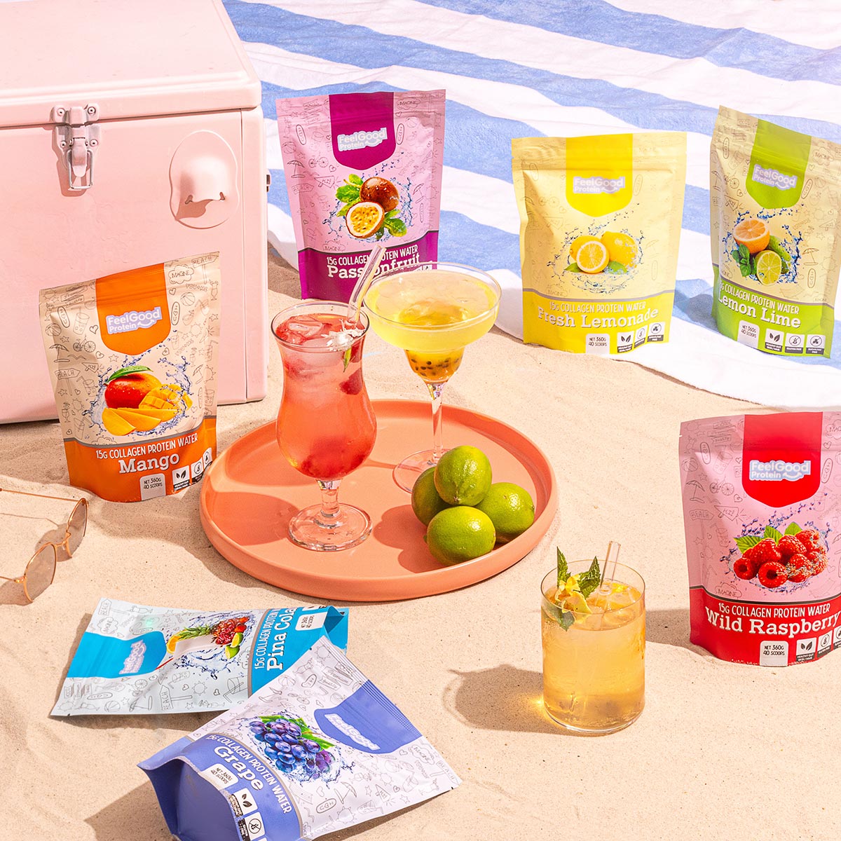 Feel Good Protein water packets on the beach