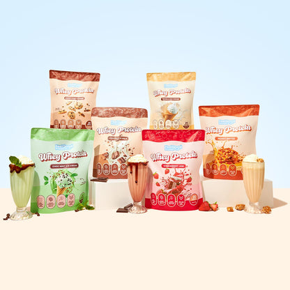 Assorted packages of whey protein with corresponding dessert illustrations on a white background