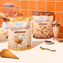 Feel Good Protein Whey Protein hero shot of Vanilla Ice Cream and Choc Chip Cookie flavours
