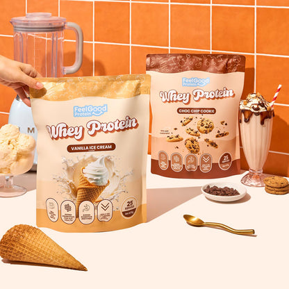 Feel Good Protein Whey Protein hero shot of Vanilla Ice Cream and Choc Chip Cookie flavours