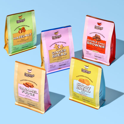 Five packages of flavoured coffee beans from Feel Good Coffee on a blue background