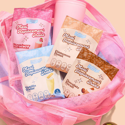 Assorted Flavours Meal Replacement Shake Samples by Feel Good Protein in a pink beach bag