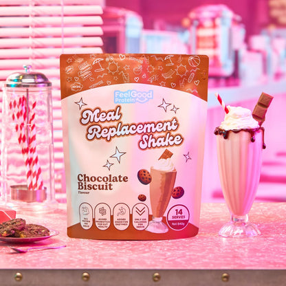 Chocolate Biscuit Meal Replacement Shake by Feel Good Protein in a retro diner next to a chocolate shake
