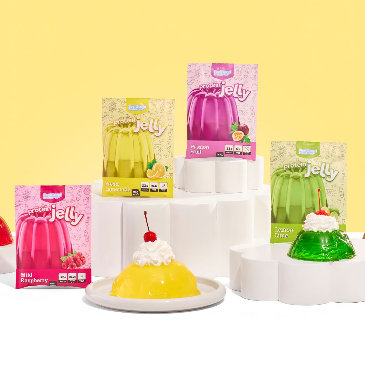 Delicious Flavours of Protein Jelly by Feel Good Protein next to jellies