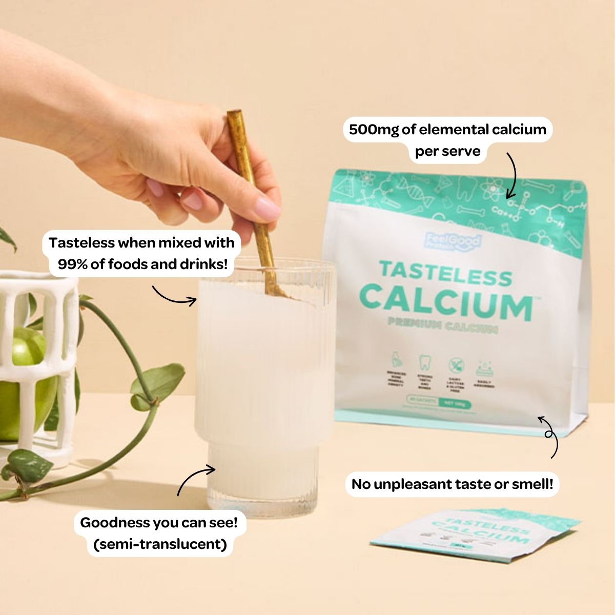 Tasteless Calcium by Feel Good Protein with callouts of product benefits around product
