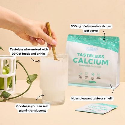 Tasteless Calcium by Feel Good Protein with callouts of product benefits around product