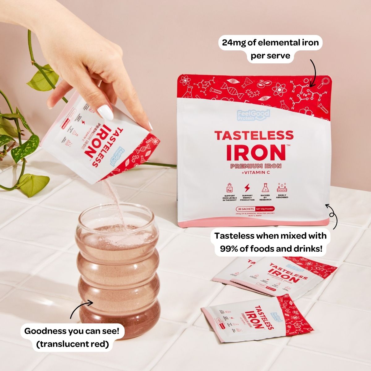 Tasteless Iron by Feel Good Protein on kitchen tiles with callouts highlighting benefits of iron