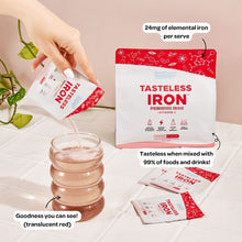 Tasteless Iron by Feel Good Protein on kitchen tiles with callouts highlighting benefits of iron