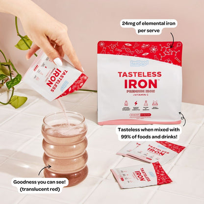Tasteless Iron by Feel Good Protein on kitchen tiles with callouts highlighting benefits of iron