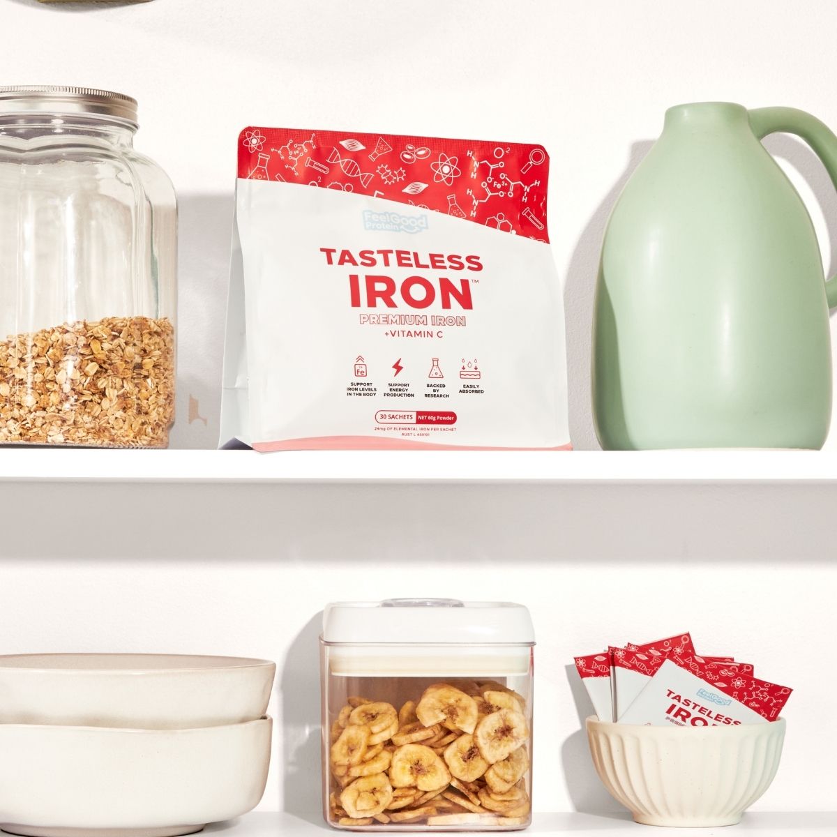 Tasteless Iron by Feel Good Protein on a kitchen shelf
