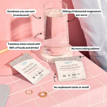 Tasteless Magnesium Sachets by Feel Good Protein on a pink, tiled bedside table next to a glass of water with callouts of product benefits