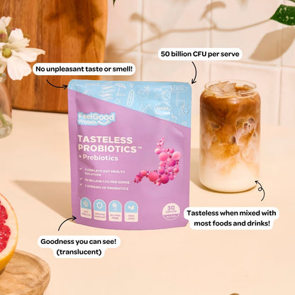 Tasteless Probiotics by Feel Good Protein with benefit callouts around product