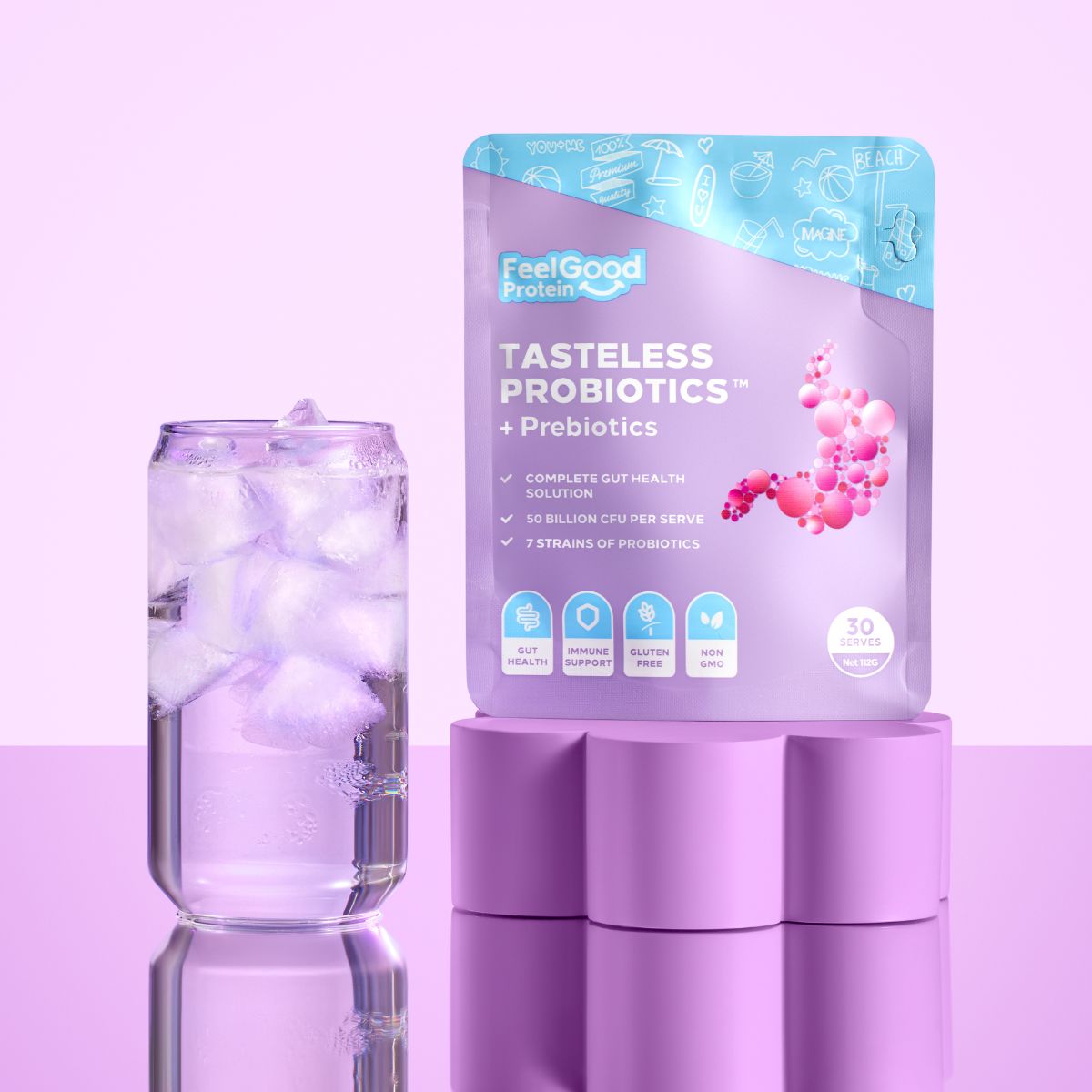 Tasteless Probiotics by Feel Good Protein on a purple platform next to ice cold water