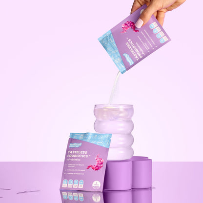 Tasteless Probiotics sample sachets by Feel Good Protein being added to cold water