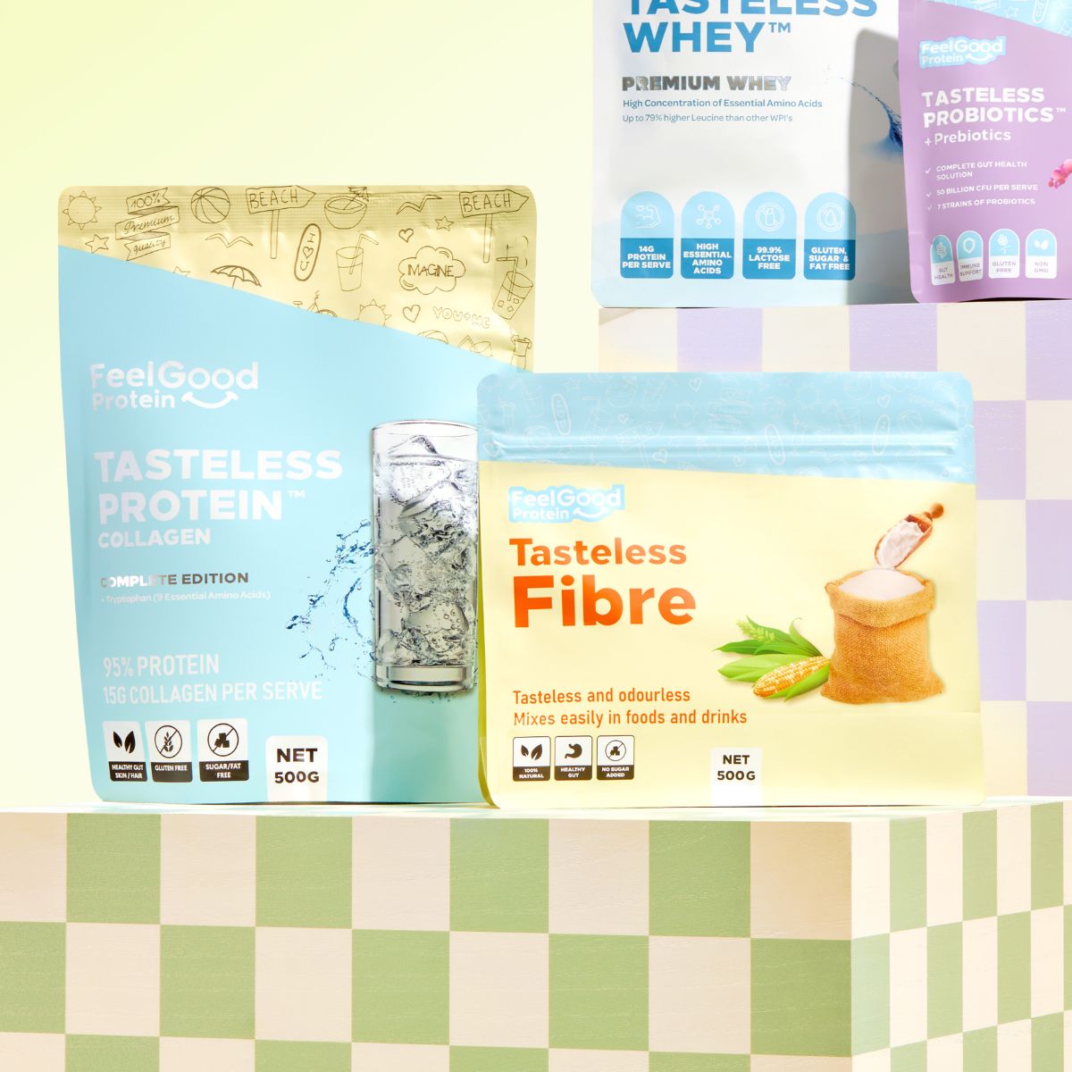 Tasteless Fibre and Tasteless Protein Bundle Pack by Feel Good Protein on a green and white checkered platform
