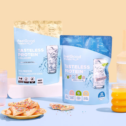 Tasteless Protein for Kids by Feel Good Protein and Tasteless Protein by Feel Good Protein next to orange juice and fairy bread