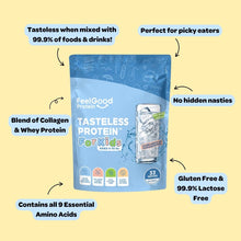 Tasteless Protein for Kids by Feel Good Protein surrounded by callout benefits of the product