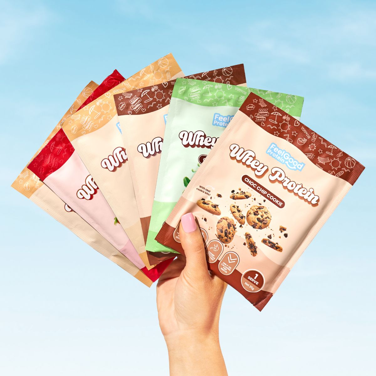 Flavoured Whey Protein 6 Samples by Feel Good Protein in front of a blue sky background