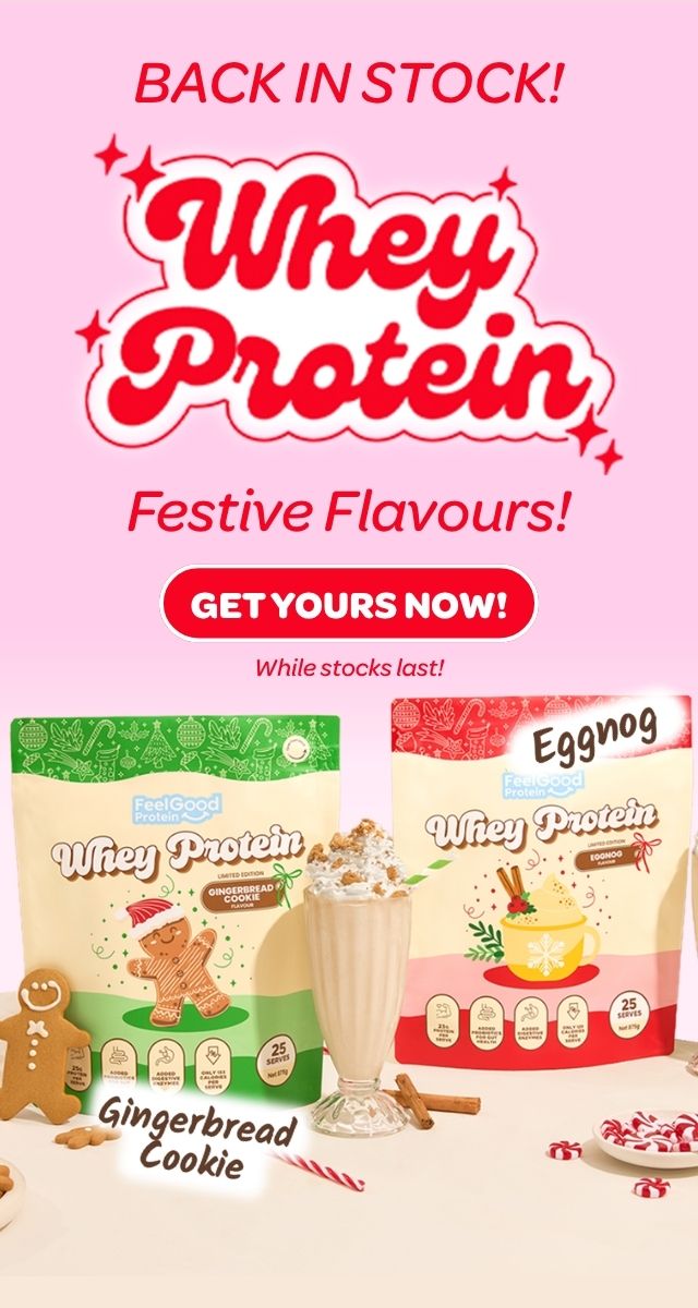 Festive Whey by Feel Good Protein is Back in stock Christmas themed promotional banner