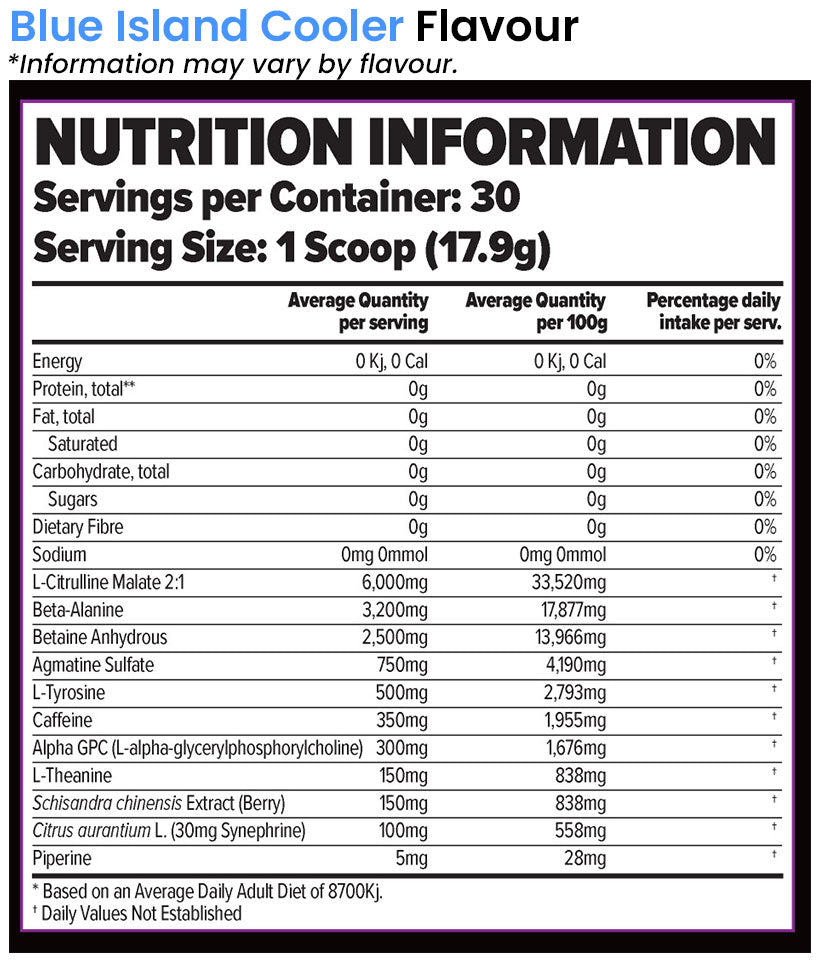 Finaflex Stimul8 Hardcore Preworkout 30 serves Nutrition Information
