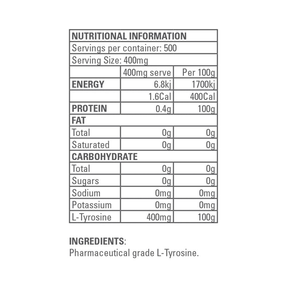 Gen-Tec Nutraceuticals L-Tyrosine 150g powder Nutrition Information and Ingredients