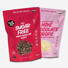 Get Ya Yum On 99% sugar free dark chocolate chips 250g and Get Ya Yum On no added sugar mini chocolate drops white chocolate 250g