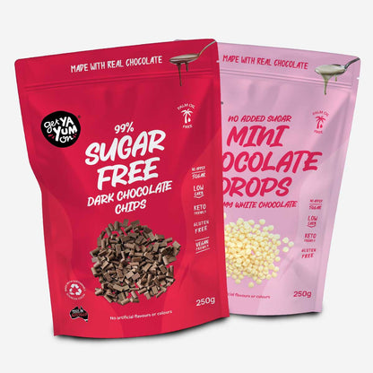 Get Ya Yum On 99% sugar free dark chocolate chips 250g and Get Ya Yum On no added sugar mini chocolate drops white chocolate 250g