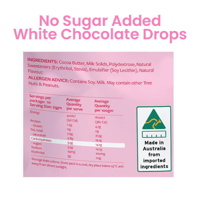 Get Ya Yum On no sugar added white chocolate drops nutrition information and ingredients