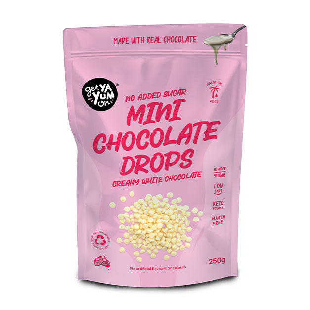 Get Ya Yum On no added sugar mini chocolate drops creamy white chocolate 250g