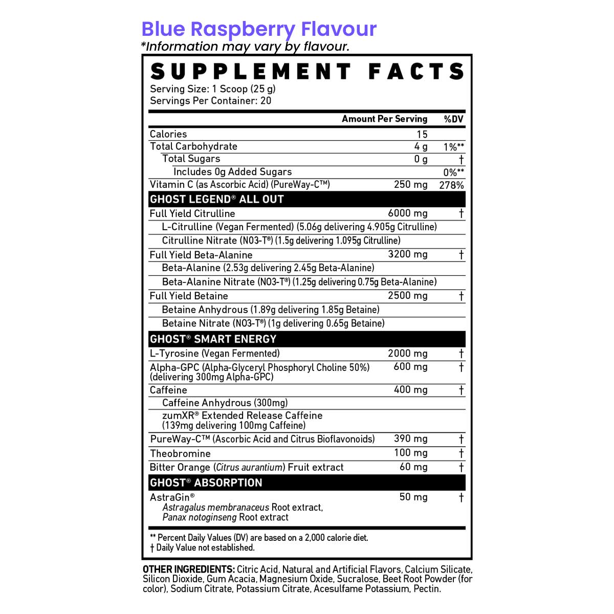 Ghost Legend All out pre workout 20 serves nutrition information and ingredients