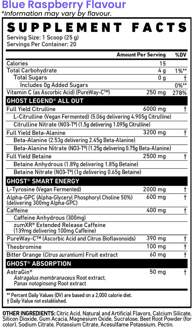 Ghost Legend All out pre workout 20 serves nutrition information and ingredients