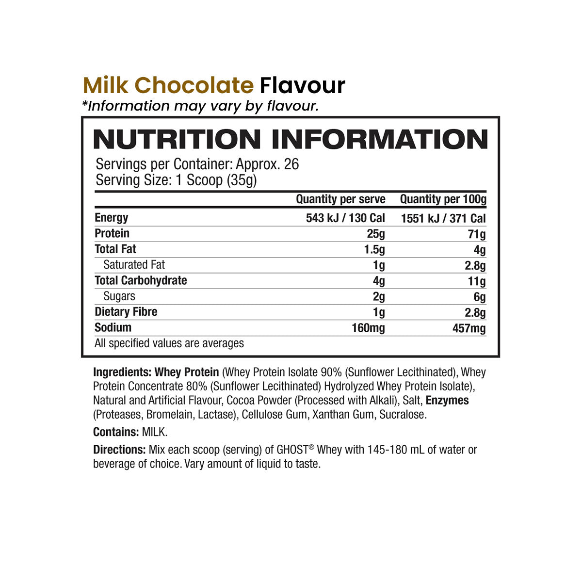 Ghost Lifestyle Whey Protein 924g 26 serves nutrition information and ingredients
