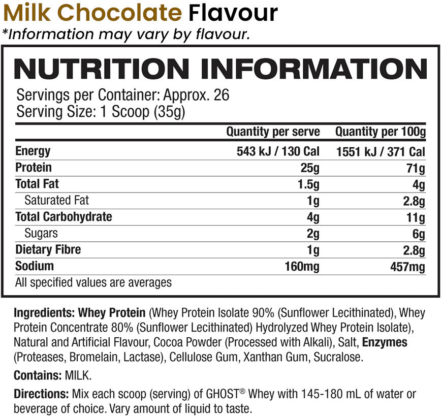 Ghost Lifestyle Whey Protein 924g 26 serves nutrition information and ingredients