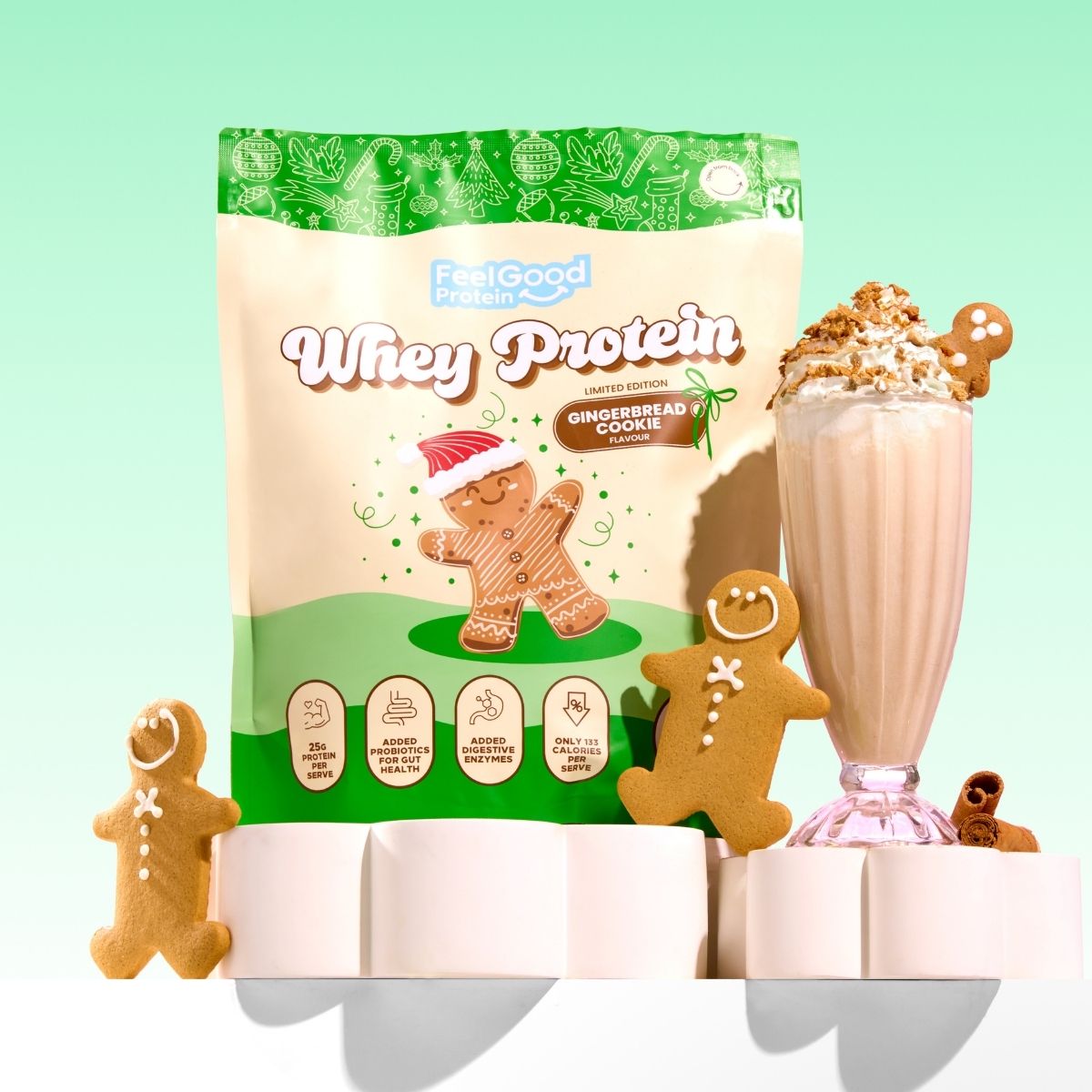 Gingerbread Cookie Whey Protein by Feel Good Protein against a light green background