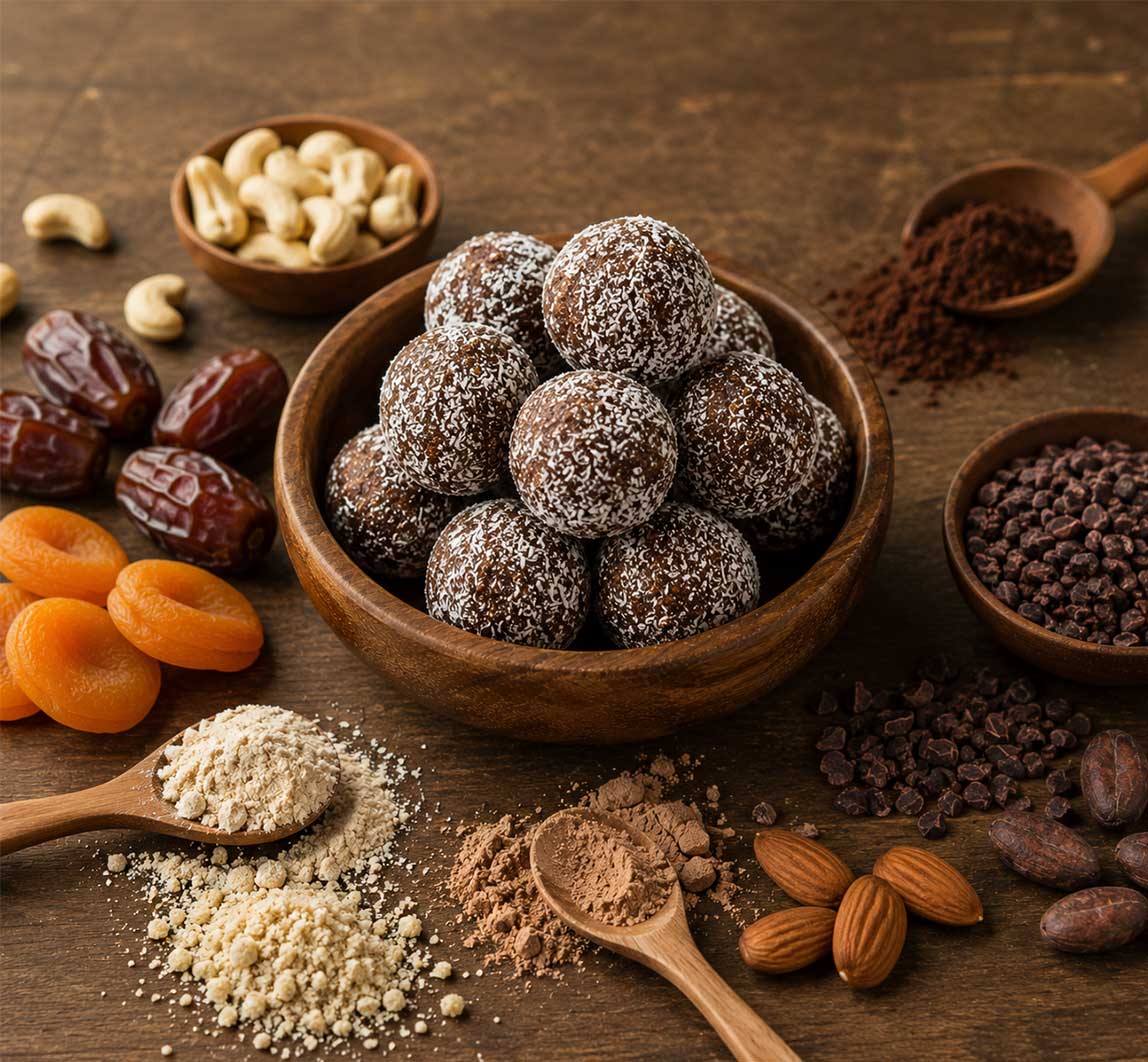 Goodmix Bliss Ball Protein Ball Mix 375g 15 serve Made Protein Balls surrounded by the ingredients