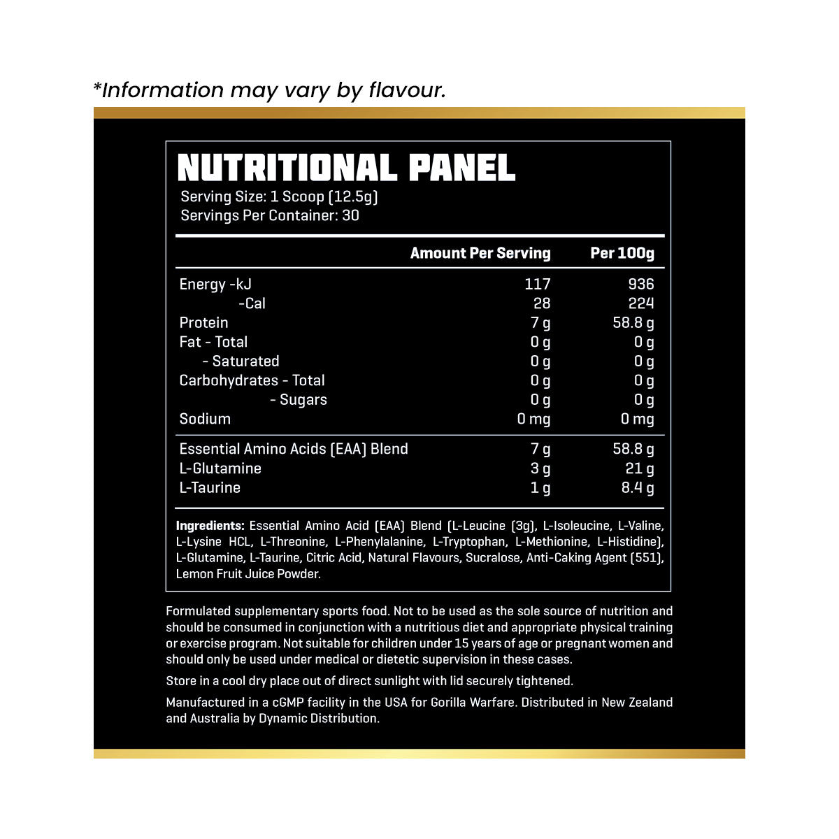 Gorilla Warfare Jungle Juice Amino Acids 375g 30 servings Nutrition Information and Ingredients