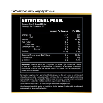 Gorilla Warfare Jungle Juice Amino Acids 375g 30 servings Nutrition Information and Ingredients