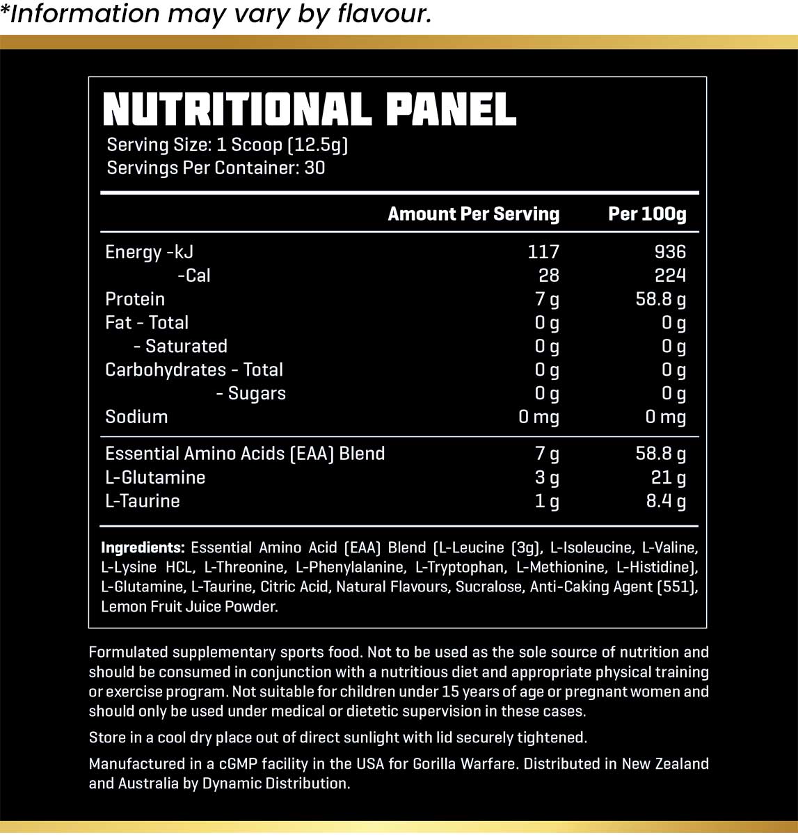 Gorilla Warfare Jungle Juice Amino Acids 375g 30 servings Nutrition Information and Ingredients