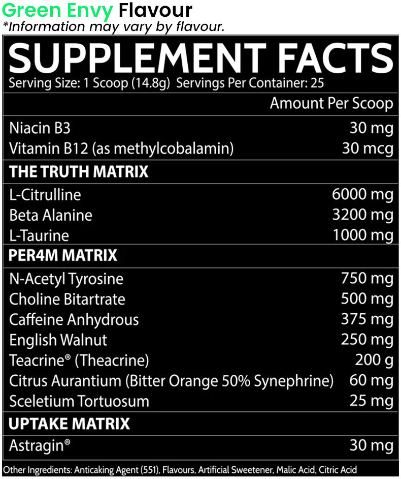 Inspired BBD Preworkout green envy flavour nutrition information and ingredients