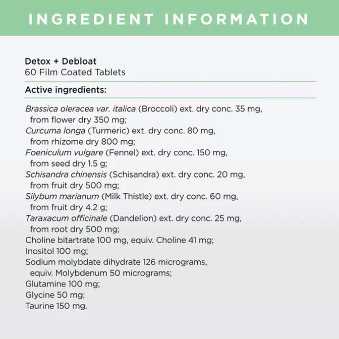 JS Health Detox Debloat 60 Tablets - Nutrition Information