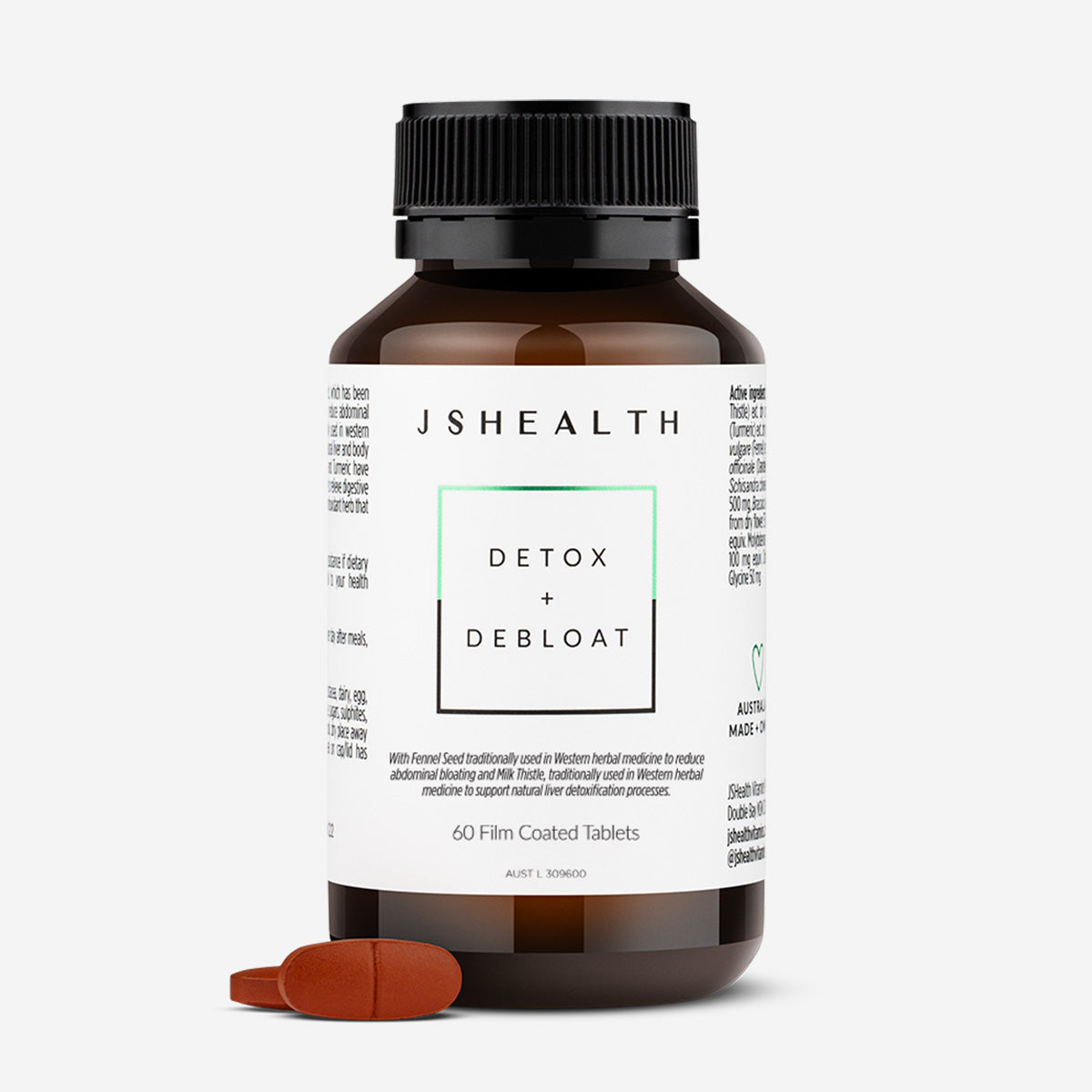 JSHealth Detox + Debloat 60 film coated Tablets with tablet example grey background