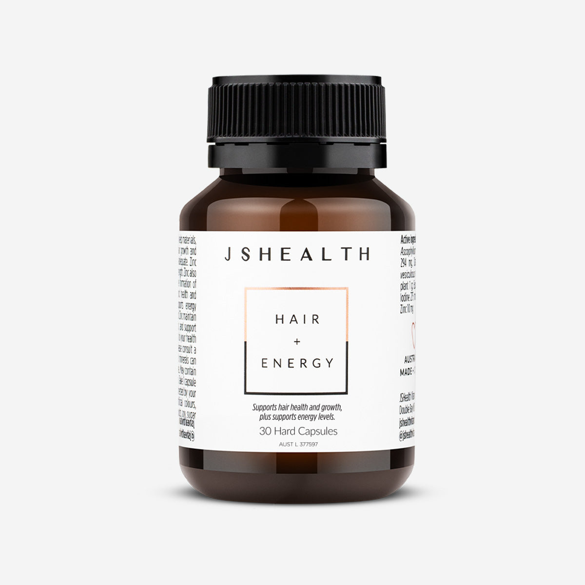 JSHealth hair + energy 30 hard capsules grey background