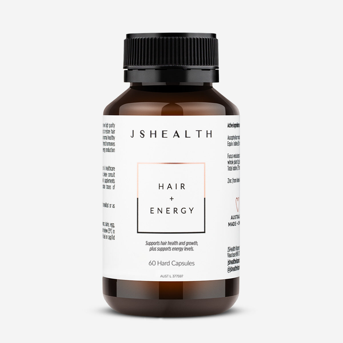 JSHealth Hair + Energy 60 hard capsules grey background