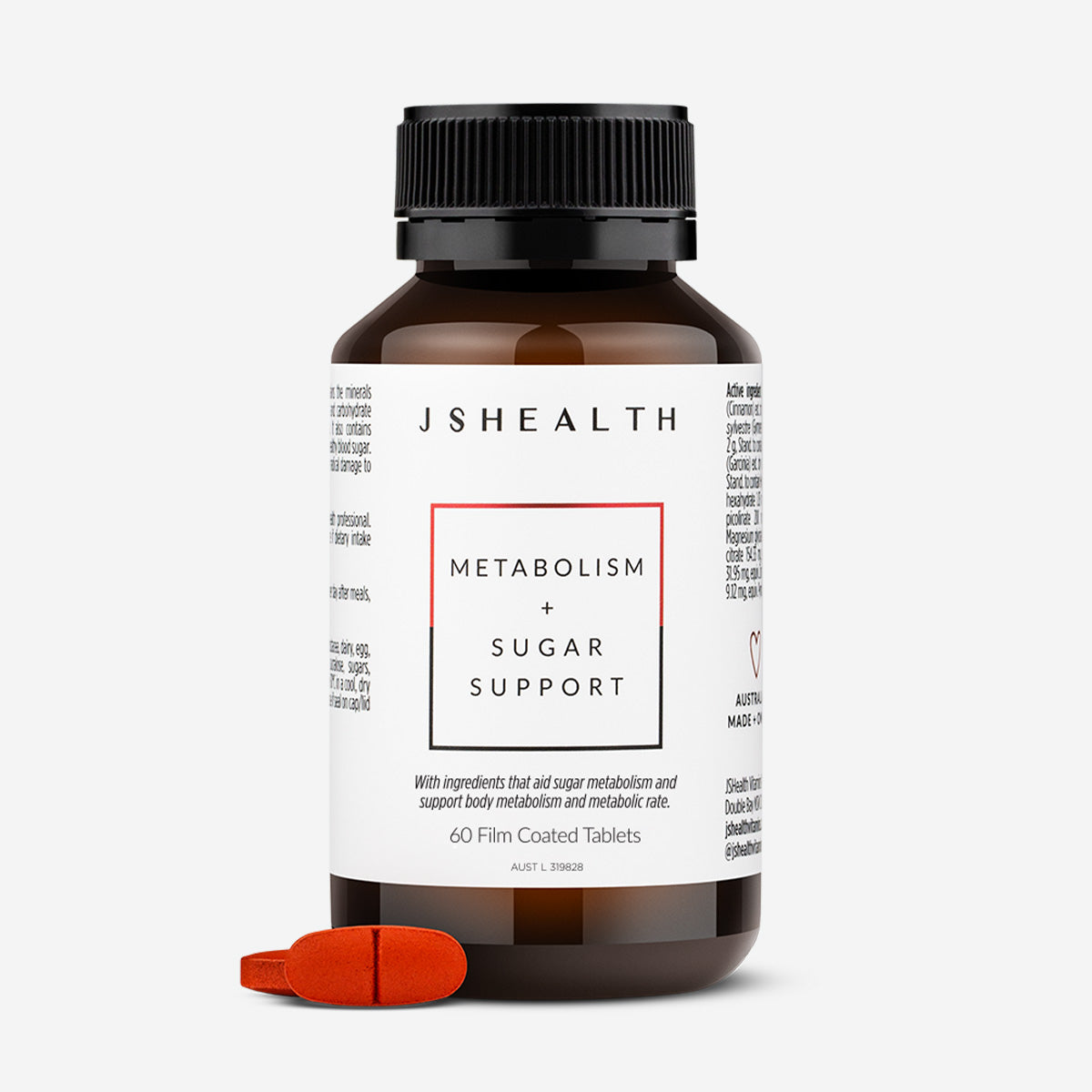 JSHealth Metabolism + Sugar Support 60 film coated Tablets with tablet example grey background