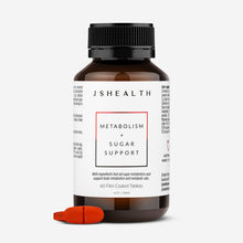 JSHealth Metabolism + Sugar Support 60 film coated Tablets with tablet example grey background